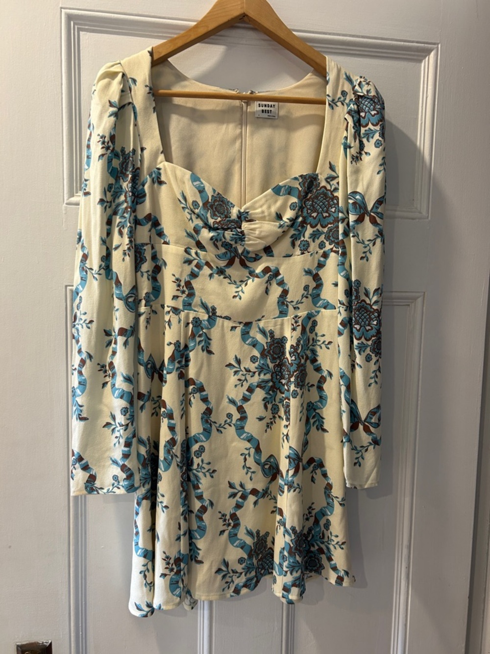 Sunday Best Cream Mini Dress with Blue Floral Ribbon Motif BNWT size 2